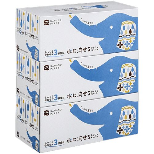 【イージャパンモール】【返品・交換・キャンセル不可】 必ず2通目のメールをご確認ください。 ※本商品は熨斗・包装（ラッピング）はお承り出来ない商品となります。※商品はご注文（ご決済）後、2-5営業日で発送（土・日・祝日除く）となります。※配送業者と契約がないため、送付先が北海道・沖縄の場合キャンセルとさせていただきます。※発送予定日は、在庫がある場合の予定日となります。 ※在庫がない場合には、キャンセルとさせて頂きます。 ※納期が遅れます場合には改めてご連絡させて頂きます。※本商品はメーカー取り寄せ商品となります。 流動在庫となりますためお手配時に在庫がない場合はキャンセルとさせていただきます。 在庫と納期のご確認が必要な場合は事前にお問い合わせください。 ※ご注文確定後でのキャンセルやお届け先の変更等はお承りできませんのでご注意ください。 また、交換・返品はお承りできません。 ※商品のお写真はイメージ画像です。概要 上質パルプ100％を使用したティシュペーパーを3枚重ねにしました。 商品説明 ●水に流せるボックスティッシュペーパー、3箱×20パックセットです。●ふっくら厚手でソフトな肌触り。●吸水性が良く、水に流せますので介護用・赤ちゃん用など、片手で便利に使えます。ペットのお世話にも！ 仕様 内容量 360枚（120組） BOXサイズ W248×D119×H93mm 材質 バージンパルプ100％ 生産国 日本 JANコード 4901451164494 【メーカー・製造または販売元】河野製紙【広告文責】株式会社イージャパンアンドカンパニーズ 072-875-6666《ご注意ください》 ※本商品はキャンセル・返品・交換不可の商品です。 ※商品の性質上、返品・交換・キャンセルはお受けできません。 　不良品、内容相違、破損、損傷の場合は良品と交換いたします。 　但し、商品到着から3日以内にご連絡をいただけない場合、交換いたしかねますのでご注意ください。 ※商品がリニューアルしている場合、リニューアル後の商品をお届けします。[関連キーワード：衣料・生活用品　日用品　ティッシュペーパー　ハイグレード]