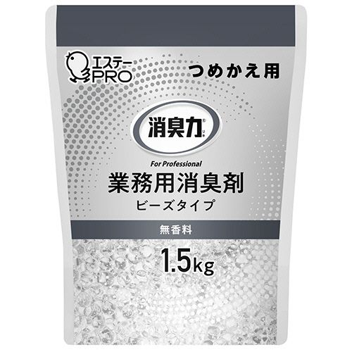 【代引不可】【イージャパンモール】【返品・交換・キャンセル・日時指定不可・法人（会社・企業）様限定】 必ず2通目のメールをご確認ください。 ※本商品は熨斗・包装（ラッピング）はお承り出来ない商品となります。 ※本商品はお届け先様名が法人（企業・会社）様宛ての場合のみお承りとなり、個人様宛てのご注文はお承りしておりませんので予めご了承くださいませ。 ※領収書につきましてはeメールにPDFファイルを添付してのご案内のみとなります。 ※本商品は【イージャパンショッピングモール】（イージャパンモール）の他の商品と同梱することは出来ません。※商品はご注文（ご決済）後、2-5営業日で発送（土・日・祝日除く）となります。※配送業者と契約がないため、送付先が沖縄・離島・一部地域の場合キャンセルとさせていただきます。※発送予定日は、在庫がある場合の予定日となります。 ※在庫がない場合には、キャンセルとさせて頂きます。 ※納期が遅れます場合には改めてご連絡させて頂きます。※本商品はメーカー取り寄せ商品となります。 流動在庫となりますためお手配時に在庫がない場合はキャンセルとさせていただきます。 在庫と納期のご確認が必要な場合は事前にお問い合わせください。 ※キャンセル・返品・交換・日時指定不可です。（平日のみのお届け） ※ご注文確定後でのお届け先の変更等はお承りできませんのでご注意ください。 ※本商品は法人（企業・会社）様限定商品となり、お届け先は「法人（企業・会社）様」に限ります。（個人様宛てへのお届けはお承りしておりません） 　お届け先に法人名が確認できる表札等がない場合、お届けをお承りすることができなくなっております。 　また、商品のお受取人様名に法人（企業・会社）様名をご記入いただけない場合もご注文をお承りできません。 ※置き配や宅配ボックスへの配送も承れませんので、お届け時にお留守でないようお願い致します。 ※沖縄・離島および一部地域へのお届けは出来ません。 ※商品のお写真はイメージ画像です。概要 強力消臭ビーズゲルでしっかり消臭！ 商品説明 ●無香料、詰替用1.5kgです。 仕様 タイプ 詰替 香り 無香料 内容量 1.5kg その他仕様 ●薬剤形状：ビーズゲル シリーズ名 消臭力 JANコード 4901070130337 【メーカー・製造または販売元】エステー《ご注意ください》 ※本商品はキャンセル・返品・交換・日時指定不可の商品です。 　不良品、内容相違、破損、損傷の場合は良品と交換いたします。 　但し、商品出荷より7日以上たった商品につきましては交換いたしかねますのでご注意ください。 ※商品がリニューアルしている場合、リニューアル後の商品をお届けします。 ※法人（企業・会社）様宛ての場合のみご注文をお承りしております。（個人様宛てへのお届けはお承りしておりません） 　配送の日時指定は出来ません。お届け時にお留守でないようお願い致します。[関連キーワード：衣料・生活用品　生活雑貨　消臭／芳香剤　室内用]