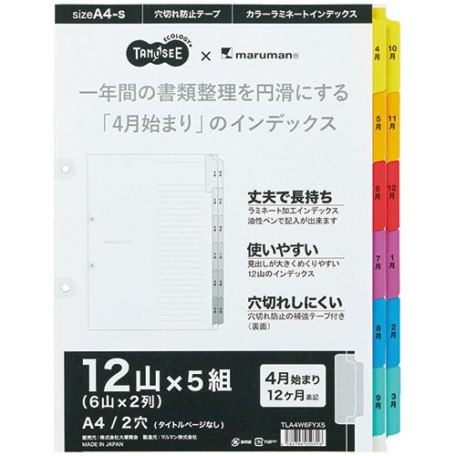 ラミネートタブダブルインデックス　A4タテ　2穴　12山「4月?3月」　1パック(5組)