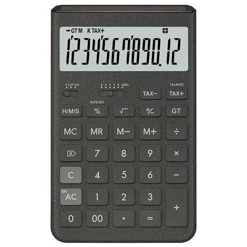 【イージャパンモール】【返品・交換・キャンセル不可】 必ず2通目のメールをご確認ください。 ※本商品は熨斗・包装（ラッピング）はお承り出来ない商品となります。※商品はご注文（ご決済）後、2-3営業日で発送（土・日・祝日除く）となります。※配送業者と契約がないため、送付先が北海道・沖縄の場合キャンセルとさせていただきます。※発送予定日は、在庫がある場合の予定日となります。 ※在庫がない場合には、キャンセルとさせて頂きます。 ※納期が遅れます場合には改めてご連絡させて頂きます。※ご注文確定後でのキャンセルやお届け先の変更等はお承りできませんのでご注意ください。 また、交換・返品はお承りできません。 ※商品のお写真はイメージ画像です。概要 さまざまな利用シーンに調和する、環境にも配慮したデザイン電卓。 商品説明 ●優れた操作性と視認性のジャストタイプ、12桁表示。カラーはダークグレーです。●スマートな英語表記仕様。●座っても立っても打ちやすい開閉式スタンド付き。 仕様 桁数 12桁 寸法 W105×D173×H13.8mm 質量 170g 色 ダークグレー メモリー メモリー数：2、独立メモリー：M+/M-/MR/MCキー方式、総合計：グランドトータル計算 機能 四則計算、四則定数計算、マルチパーセント計算、平方根（ルート）、概数計算、時間計算機能、税計算（税額計算や税率の変更可能）、計算状態表示、3桁位取り表示、早打ち機能（2キーロールオーバー）、ツーゼロ（00）、桁下げ（バックスペース）、サインチェンジ（符号切替）、オートパワーオフ 表示部 傾斜（8°） 電源 ソーラー、電池（CR2025×1） 電池寿命 約7年（1日1時間使用時） その他仕様 ●キーの特徴：プラスチックキー、フラットキー 備考 ※重量は電池込。 JANコード 4549526619106 環境商品 太陽電池による電力供給エコマーク認定番号：06135002 【広告文責】株式会社イージャパンアンドカンパニーズ 072-875-6666《ご注意ください》 ※本商品はキャンセル・返品・交換不可の商品です。 ※商品の性質上、返品・交換・キャンセルはお受けできません。 　不良品、内容相違、破損、損傷の場合は良品と交換いたします。 　但し、商品到着から3日以内にご連絡をいただけない場合、交換いたしかねますのでご注意ください。 ※商品がリニューアルしている場合、リニューアル後の商品をお届けします。[関連キーワード：事務機器・家電・電池 電卓 中型・小型]