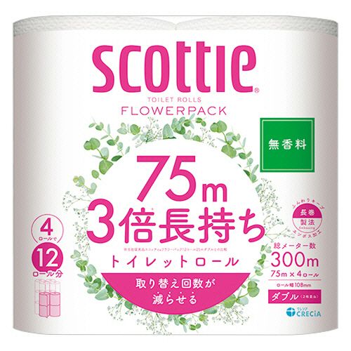 【代引不可】【イージャパンモール】【返品・交換・キャンセル・日時指定不可・法人（会社・企業）様限定】 必ず2通目のメールをご確認ください。 ※本商品は熨斗・包装（ラッピング）はお承り出来ない商品となります。 ※本商品はお届け先様名が法人（企業・会社）様宛ての場合のみお承りとなり、個人様宛てのご注文はお承りしておりませんので予めご了承くださいませ。 ※領収書につきましてはeメールにPDFファイルを添付してのご案内のみとなります。 ※本商品は【イージャパンショッピングモール】（イージャパンモール）の他の商品と同梱することは出来ません。※商品はご注文（ご決済）後、2-5営業日で発送（土・日・祝日除く）となります。※配送業者と契約がないため、送付先が沖縄・離島・一部地域の場合キャンセルとさせていただきます。※発送予定日は、在庫がある場合の予定日となります。 ※在庫がない場合には、キャンセルとさせて頂きます。 ※納期が遅れます場合には改めてご連絡させて頂きます。※本商品はメーカー取り寄せ商品となります。 流動在庫となりますためお手配時に在庫がない場合はキャンセルとさせていただきます。 在庫と納期のご確認が必要な場合は事前にお問い合わせください。 ※キャンセル・返品・交換・日時指定不可です。（平日のみのお届け） ※ご注文確定後でのお届け先の変更等はお承りできませんのでご注意ください。 ※本商品は法人（企業・会社）様限定商品となり、お届け先は「法人（企業・会社）様」に限ります。（個人様宛てへのお届けはお承りしておりません） 　お届け先に法人名が確認できる表札等がない場合、お届けをお承りすることができなくなっております。 　また、商品のお受取人様名に法人（企業・会社）様名をご記入いただけない場合もご注文をお承りできません。 ※置き配や宅配ボックスへの配送も承れませんので、お届け時にお留守でないようお願い致します。 ※沖縄・離島および一部地域へのお届けは出来ません。 ※商品のお写真はイメージ画像です。概要 1ロールの長さが3倍！ 商品説明 ●4ロール×12パックのセットです。●交換の手間削減・収納コンパクト。 仕様 タイプ ダブル ロールサイズ 幅108mm×長さ75m ミシン目 あり 香り 無香料 芯 あり 芯径 約38mm 材質 パルプ＋紙パックリサイクルパルプ パッケージサイズ W216×D216×H216mm 生産国 日本 シリーズ名 スコッティ JANコード 4901750227364 【広告文責】株式会社イージャパンアンドカンパニーズ 072-875-6666《ご注意ください》 ※本商品はキャンセル・返品・交換・日時指定不可の商品です。 　不良品、内容相違、破損、損傷の場合は良品と交換いたします。 　但し、商品出荷より7日以上たった商品につきましては交換いたしかねますのでご注意ください。 ※商品がリニューアルしている場合、リニューアル後の商品をお届けします。 ※法人（企業・会社）様宛ての場合のみご注文をお承りしております。（個人様宛てへのお届けはお承りしておりません） 　配送の日時指定は出来ません。お届け時にお留守でないようお願い致します。[関連キーワード：衣料・生活用品 日用品 トイレットペーパー]