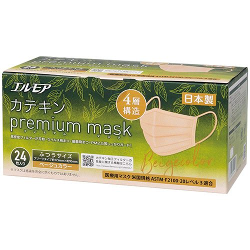 エルモア　カテキンプレミアムマスク　ふつうサイズ　ベージュ　1箱（24枚）