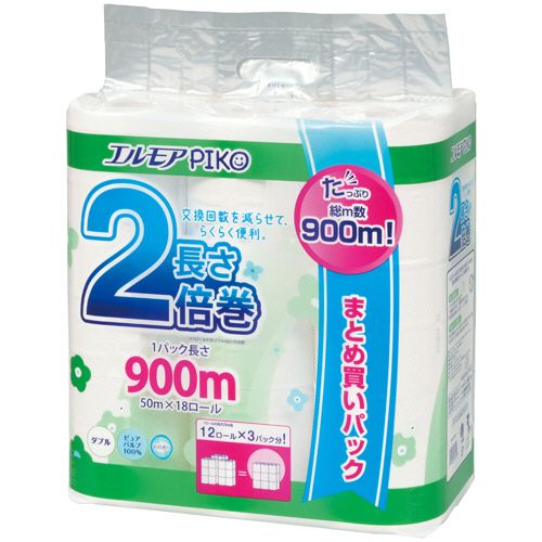 【イージャパンモール】【返品・交換・キャンセル不可】 必ず2通目のメールをご確認ください。 ※本商品は熨斗・包装（ラッピング）はお承り出来ない商品となります。※商品はご注文（ご決済）後、2-5営業日で発送（土・日・祝日除く）となります。※配送業者と契約がないため、送付先が北海道・沖縄の場合キャンセルとさせていただきます。※発送予定日は、在庫がある場合の予定日となります。 ※在庫がない場合には、キャンセルとさせて頂きます。 ※納期が遅れます場合には改めてご連絡させて頂きます。※本商品はメーカー取り寄せ商品となります。 流動在庫となりますためお手配時に在庫がない場合はキャンセルとさせていただきます。 在庫と納期のご確認が必要な場合は事前にお問い合わせください。 ※ご注文確定後でのキャンセルやお届け先の変更等はお承りできませんのでご注意ください。 また、交換・返品はお承りできません。 ※商品のお写真はイメージ画像です。概要 たっぷり長持ち2倍巻きで、トイレットロールの交換回数を減らせます。 商品説明 ●18ロール入のまとめ買いパックで、購入頻度の軽減につながります。ダブル・長さ50mです。●いっぱい使える大容量なのに、保管スペースを取らずにすっきり収納できます。●ちょっぴりエコなコンパクトサイズで芯や包装フィルム資材を削減します。植物由来成分からなる「ボタニカルインキ」を使用し、環境にちょっぴりやさしいパッケージです。●「ラクとって」採用で、持ちやすく開けやすいパッケージ。●ピュアパルプ100％でなめらかな肌ざわりです。●花の香りがほんのりさわやかです。 仕様 タイプ ダブル ロールサイズ 幅109mm×長さ50m ミシン目 あり 香り 花の香り 材質 ピュアパルプ100％ パッケージサイズ W315×D212×H327mm 生産国 日本 シリーズ名 エルモア JANコード 4971633163218 【メーカー・製造または販売元】カミ商事【広告文責】株式会社イージャパンアンドカンパニーズ 072-875-6666《ご注意ください》 ※本商品はキャンセル・返品・交換不可の商品です。 ※商品の性質上、返品・交換・キャンセルはお受けできません。 　不良品、内容相違、破損、損傷の場合は良品と交換いたします。 　但し、商品到着から3日以内にご連絡をいただけない場合、交換いたしかねますのでご注意ください。 ※商品がリニューアルしている場合、リニューアル後の商品をお届けします。[関連キーワード：日用品]