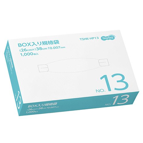 【イージャパンモール】【返品・交換・キャンセル不可】 必ず2通目のメールをご確認ください。 ※本商品は熨斗・包装（ラッピング）はお承り出来ない商品となります。※商品はご注文（ご決済）後、2-5営業日で発送（土・日・祝日除く）となります。※配送業者と契約がないため、送付先が北海道・沖縄の場合キャンセルとさせていただきます。※発送予定日は、在庫がある場合の予定日となります。 ※在庫がない場合には、キャンセルとさせて頂きます。 ※納期が遅れます場合には改めてご連絡させて頂きます。※本商品はメーカー取り寄せ商品となります。 流動在庫となりますためお手配時に在庫がない場合はキャンセルとさせていただきます。 在庫と納期のご確認が必要な場合は事前にお問い合わせください。 ※ご注文確定後でのキャンセルやお届け先の変更等はお承りできませんのでご注意ください。 また、交換・返品はお承りできません。 ※商品のお写真はイメージ画像です。概要 使いやすいBOXタイプの規格袋 商品説明 ●厚さ0.007mm、半透明の高密度ポリエチレンの規格袋1000枚入。仕様はNo.13です。 仕様 サイズ No.13 色 半透明 寸法 タテ380×ヨコ260mm 厚さ 0.007mm 材質 高密度ポリエチレン（HDPE） その他仕様 ●箱サイズ：W285×D205×H43mm●食品衛生法規格基準適合品 【広告文責】株式会社イージャパンアンドカンパニーズ 072-875-6666《ご注意ください》 ※本商品はキャンセル・返品・交換不可の商品です。 ※商品の性質上、返品・交換・キャンセルはお受けできません。 　不良品、内容相違、破損、損傷の場合は良品と交換いたします。 　但し、商品到着から3日以内にご連絡をいただけない場合、交換いたしかねますのでご注意ください。 ※商品がリニューアルしている場合、リニューアル後の商品をお届けします。[関連キーワード：文具・事務用品]