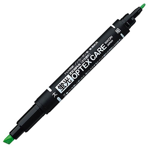 【イージャパンモール】【返品・交換・キャンセル不可】 必ず2通目のメールをご確認ください。 ※本商品は熨斗・包装（ラッピング）はお承り出来ない商品となります。※商品はご注文（ご決済）後、2-5営業日で発送（土・日・祝日除く）となります。※配送業者と契約がないため、送付先が北海道・沖縄・離島の場合キャンセルとさせていただきます。※発送予定日は、在庫がある場合の予定日となります。 ※在庫がない場合には、キャンセルとさせて頂きます。 ※納期が遅れます場合には改めてご連絡させて頂きます。※本商品はメーカー取り寄せ商品となります。 流動在庫となりますためお手配時に在庫がない場合はキャンセルとさせていただきます。 在庫と納期のご確認が必要な場合は事前にお問い合わせください。 ※ご注文確定後でのキャンセルやお届け先の変更等はお承りできませんのでご注意ください。 また、交換・返品はお承りできません。 ※商品のお写真はイメージ画像です。概要 【使い切りタイプ】感熱紙の上からなぞっても文字が消えません。 仕様 タイプ 使い切りタイプ インク種類 水性顔料 インク色 緑 芯の太さ 太字・細字 芯形状 太字：角芯、細字：丸芯 線幅 太字：4.0mm、細字：0.8〜1.1mm 全長 133.9mm 軸径 10.8mm 重量 8.1g シリーズ名 オプテックスケア JANコード 4901681347049 環境商品 プラスチックの再利用72％エコマーク認定番号：17112170 【メーカー・製造または販売元】ゼブラ【広告文責】株式会社イージャパンアンドカンパニーズ 072-875-6666《ご注意ください》 ※本商品はキャンセル・返品・交換不可の商品です。 ※商品はご注文後、1週間前後でお届けとなります。 ※商品の性質上、返品・交換・キャンセルはお受けできません。 　不良品、内容相違、破損、損傷の場合は良品と交換いたします。 　但し、商品到着から3日以内にご連絡をいただけない場合、交換いたしかねますのでご注意ください。 ※商品がリニューアルしている場合、リニューアル後の商品にてお届けとなる場合がございます。[関連キーワード：文房具 筆記具 蛍光ペン 蛍光ペン 本体]