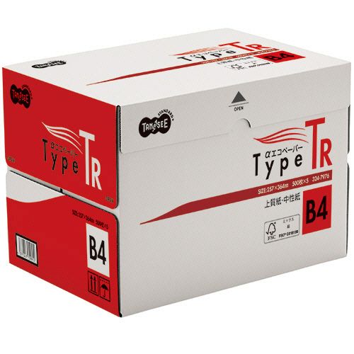 【イージャパンモール】【返品・交換・キャンセル不可】 必ず2通目のメールをご確認ください。 ※本商品は熨斗・包装（ラッピング）はお承り出来ない商品となります。※商品はご注文（ご決済）後、2-5営業日で発送（土・日・祝日除く）となります。※配送業者と契約がないため、送付先が北海道・沖縄・離島の場合キャンセルとさせていただきます。※発送予定日は、在庫がある場合の予定日となります。 ※在庫がない場合には、キャンセルとさせて頂きます。 ※納期が遅れます場合には改めてご連絡させて頂きます。※本商品はメーカー取り寄せ商品となります。 流動在庫となりますためお手配時に在庫がない場合はキャンセルとさせていただきます。 在庫と納期のご確認が必要な場合は事前にお問い合わせください。 ※ご注文確定後でのキャンセルやお届け先の変更等はお承りできませんのでご注意ください。 また、交換・返品はお承りできません。 ※商品のお写真はイメージ画像です。概要 品質の安定した国産の高白色PPC用紙。 商品説明 ●お手頃価格のコピー用紙。B4500枚×5冊入です。●1冊目から取り出しやすいフラップ開封式の外箱形状です。 仕様 サイズ B4 寸法 257×364mm 紙質 上質紙 坪量 約66g/m2 厚み 0.09mm 古紙パルプ配合率 0％ 白色度 約94％ その他仕様 ●対応機種：モノクロコピー機、モノクロレーザープリンタ、カラーコピー機、カラーレーザープリンタ 備考 ※白色度はISO方式による※αエコペーパー　タイプTRは古紙再生紙ではございません。※国際基準・ISO規格と整合性をとるため、2017年4月1日より紙厚に関するJISの基準が変更となりました。紙厚測定時の圧力のかけ方が一部変更となるため、表記値が従来の値と異なる場合がございますが、実際の紙質に変更はありません。 シリーズ名 αエコペーパー　タイプTR 【広告文責】株式会社イージャパンアンドカンパニーズ 072-875-6666《ご注意ください》 ※本商品はキャンセル・返品・交換不可の商品です。 ※商品はご注文後、1週間前後でお届けとなります。 ※商品の性質上、返品・交換・キャンセルはお受けできません。 　不良品、内容相違、破損、損傷の場合は良品と交換いたします。 　但し、商品到着から3日以内にご連絡をいただけない場合、交換いたしかねますのでご注意ください。 ※商品がリニューアルしている場合、リニューアル後の商品にてお届けとなる場合がございます。[関連キーワード：OAサプライ コピー用紙 コピー用紙　普通紙 コピー用紙　普通紙その他]