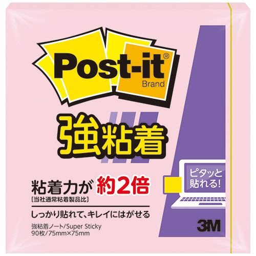 【イージャパンモール】【返品・交換・キャンセル不可】 必ず2通目のメールをご確認ください。 ※本商品は熨斗・包装（ラッピング）はお承り出来ない商品となります。※商品はご注文（ご決済）後、2-5営業日で発送（土・日・祝日除く）となります。※配送業者と契約がないため、送付先が北海道・沖縄・離島の場合キャンセルとさせていただきます。※発送予定日は、在庫がある場合の予定日となります。 ※在庫がない場合には、キャンセルとさせて頂きます。 ※納期が遅れます場合には改めてご連絡させて頂きます。※本商品はメーカー取り寄せ商品となります。 流動在庫となりますためお手配時に在庫がない場合はキャンセルとさせていただきます。 在庫と納期のご確認が必要な場合は事前にお問い合わせください。 ※ご注文確定後でのキャンセルやお届け先の変更等はお承りできませんのでご注意ください。 また、交換・返品はお承りできません。 ※商品のお写真はイメージ画像です。概要 パソコンや電話、キャビネットなどの樹脂面や垂直面にもしっかり貼れて、はがれにくい強粘着タイプ。パステルカラーのノートサイズ。 仕様 寸法 75×75mm 粘着側 一辺 色 ピンク 粘着力 強粘着 材質 本体：古紙パルプ配合率100％の再生紙、粘着剤：アクリル系粘着剤 重量 41g 1パックあたり 90枚 備考 ※メーカー都合により順次色味を変更して出荷しております。新旧仕様が混在してお届けされる場合がございます。なお仕様のご指定や交換は承っておりません。 シリーズ名 Post−it JANコード 4549395032358 環境商品 古紙パルプ配合率92％以上エコマーク認定番号：18112110 【メーカー・製造または販売元】3M【広告文責】株式会社イージャパンアンドカンパニーズ 072-875-6666《ご注意ください》 ※本商品はキャンセル・返品・交換不可の商品です。 ※商品はご注文後、1週間前後でお届けとなります。 ※商品の性質上、返品・交換・キャンセルはお受けできません。 　不良品、内容相違、破損、損傷の場合は良品と交換いたします。 　但し、商品到着から3日以内にご連絡をいただけない場合、交換いたしかねますのでご注意ください。 ※商品がリニューアルしている場合、リニューアル後の商品にてお届けとなる場合がございます。[関連キーワード：文房具 ノート・紙製品 ふせん ふせん]
