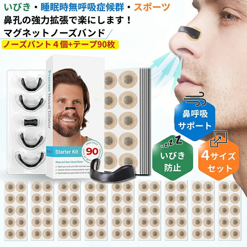 【マグネットノーズバンド(4サイズ入り)(テープ90枚入り)】【メール便 送料無料】【ポイント 2倍】鼻孔拡張テープ 磁石 マグネット式 鼻呼吸テープ いびき防止 テープ いびき対策 テープ いびきの音を軽減 口呼吸対策 睡眠障害 いびき専門家監修 専用ケース付 pk