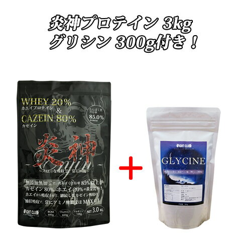 送料無料 グリシン300g付 炎神プロテイン3kg カゼインプロテイン 3kg 徳用3kg プロテイン カゼイン ホエイ 筋トレ トレーニング 国産 ..