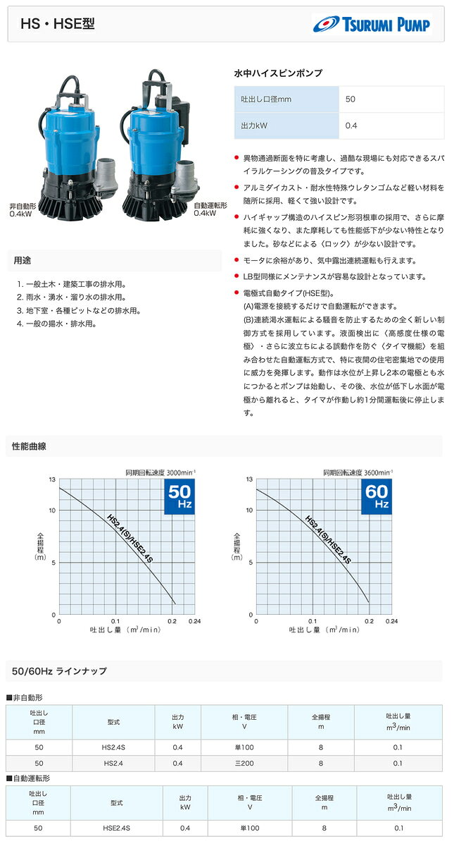 プロ工具のJapan-Tool 楽天市場店の〈ツルミ〉水中ハイスピンポンプ　HSE2.4S(自動運転型　50Hz用・60Hz用)｜アングル2