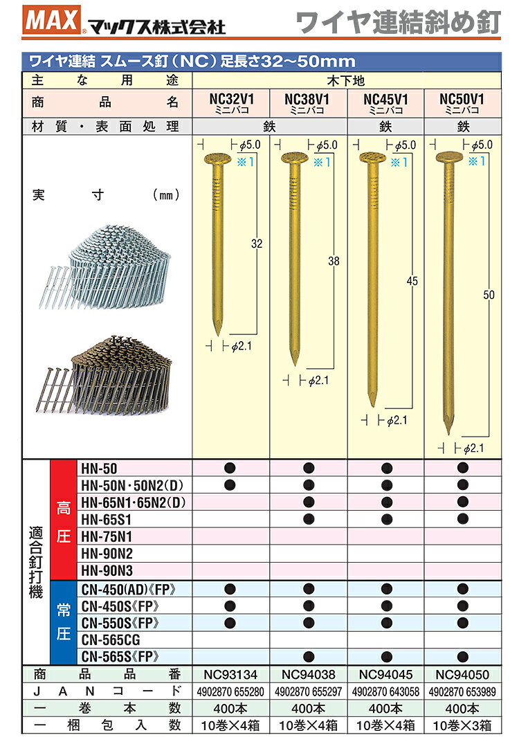 ポイント2倍★【限定特価】マックス　コイルネイルワイヤ連結斜め釘　NC45V1ミニバコ　〔1梱包・400本×10巻×4箱入〕 japan-tool-10004642 プロ工具のJapan-Tool 楽天市場店 サンプル画像2