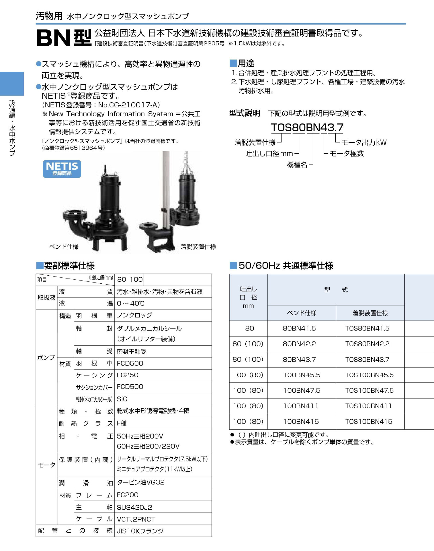 〈ツルミ〉80BN43.7 50Hz 東日本用 汚物用 水中ノンクロッグ型スマッシュポンプ BN...
