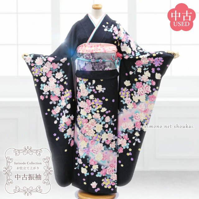 【送料無料】【中古】振袖 正絹 ランクA 黒 薔薇 ロマンティックローズ お仕立て上がり 単品 成人式 古典 結婚式 卒業式 中古着物 送料無料 即日発送【沖縄配送不可】