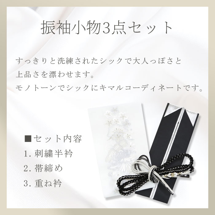 【送料無料】振袖用 正絹 帯締め 重ね衿 刺繍半衿 3点セット 黒 シルバー パール ...