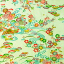 【中古】淡い緑色地にカラフルに庭風景が描かれた着物はぎれ