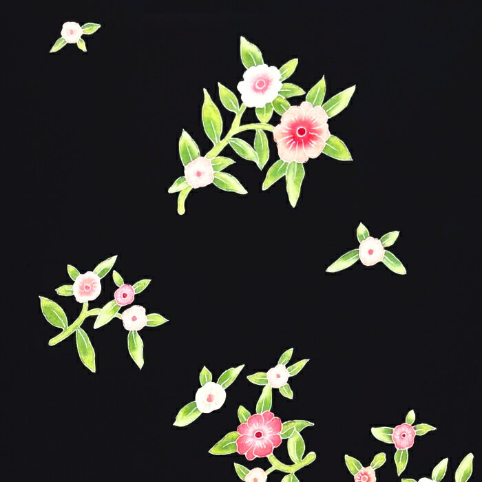 【中古】黒色地に可愛い花が咲く着物はぎれ