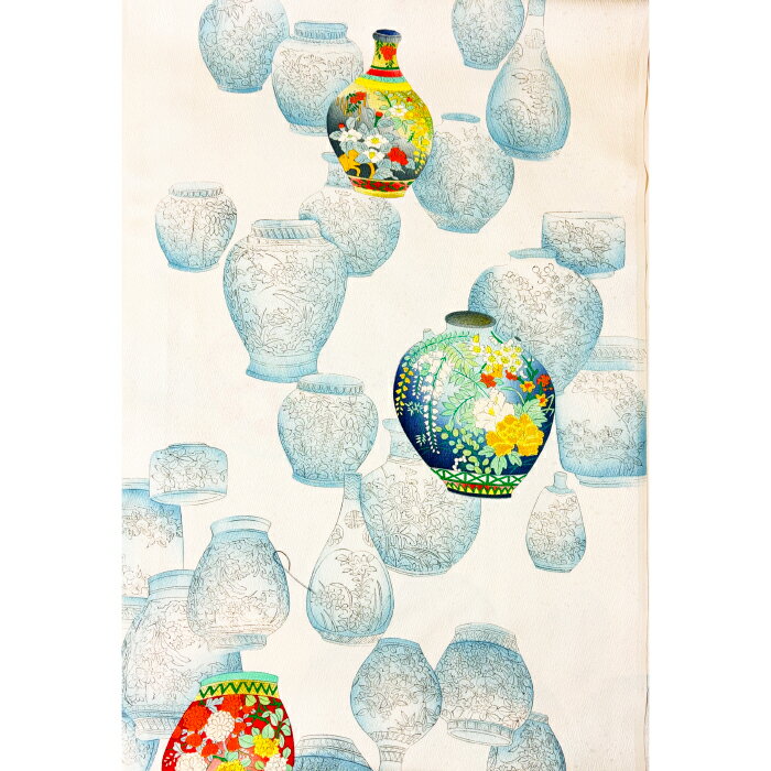 【中古】ベージュ色地に壺が綺麗な着物はぎれ 2