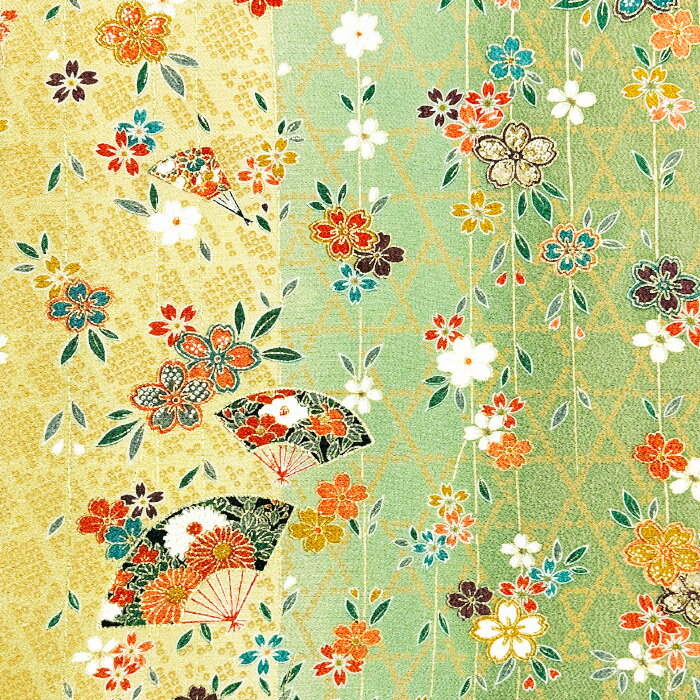 【中古】渋緑色や薄茶色地に花々や扇子紋が金色が輝く着物はぎれ