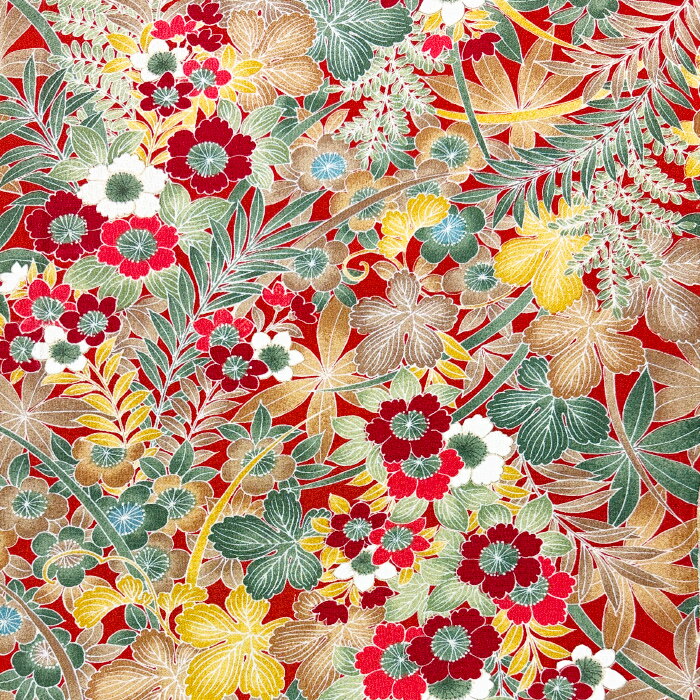 ポイント10倍期間中【新入荷】【中古】朱色地にカラフルな花々が綺麗な着物はぎれ