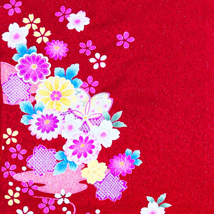 Rakuten - 【中古】赤色地に桜や菊花が輝く振袖着物はぎれ