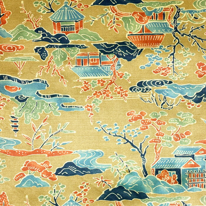 Rakuten - 【中古】黄土色地に庵や風景が描かれた着物はぎれ