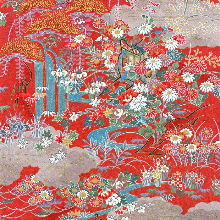 Rakuten - 【中古】朱色地に御所車や花々が描かれた着物はぎれ