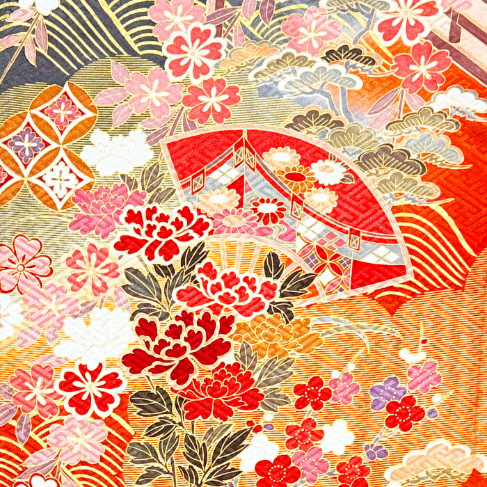 ポイント10倍期間中【新入荷】【中古】橙色地に扇子や牡丹などの花々が輝く金彩振袖着物はぎれ（楽天・Japan Bela 楽天市場店）