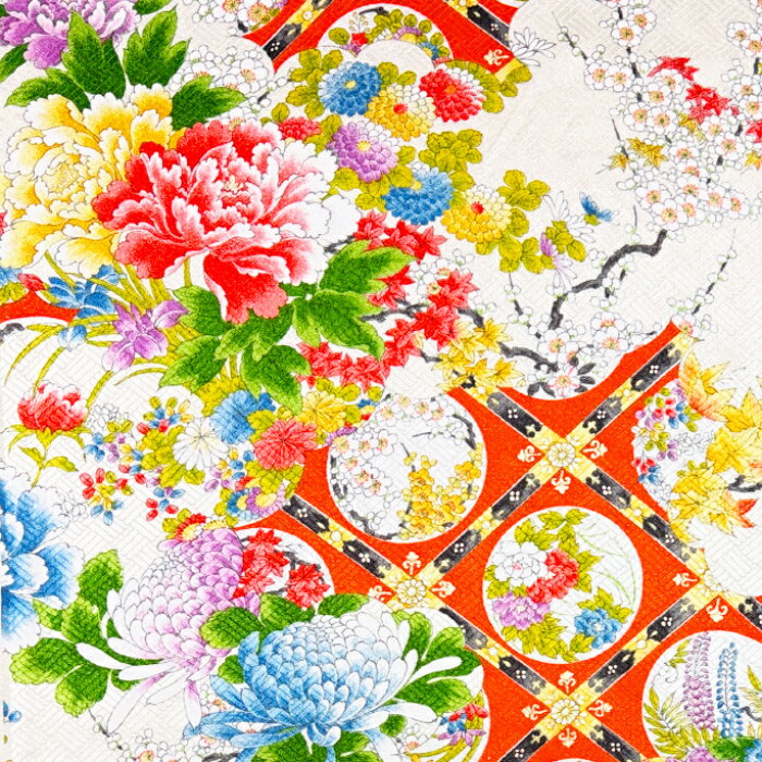 Rakuten - ポイント10倍期間中【新入荷】【中古】牡丹などの花々や斜め格子紋が輝く振袖着物はぎれ