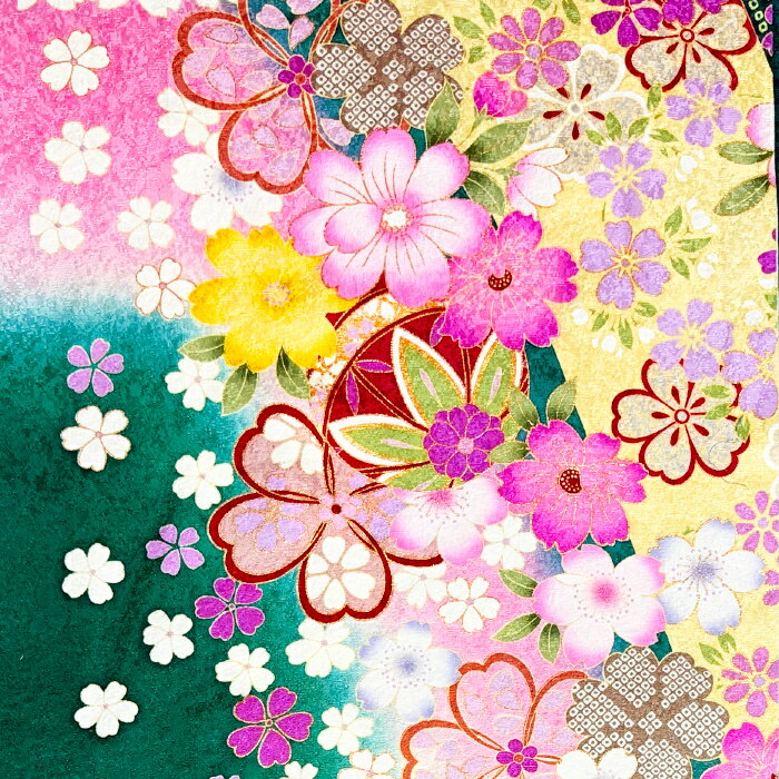 樂天商城 - 【中古】緑色地に桜や秋桜が金色輝く金彩振袖着物はぎれ