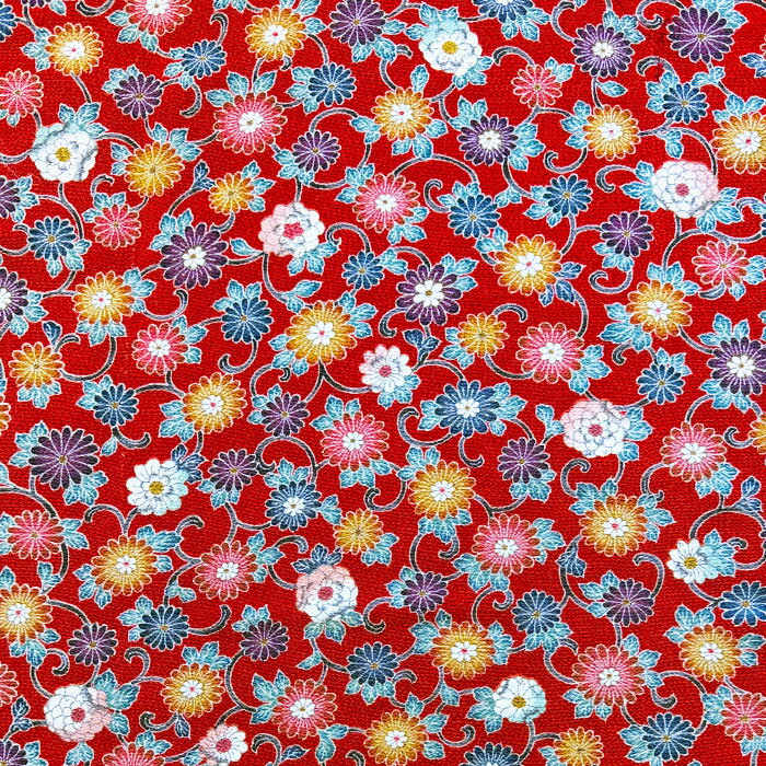 【中古】赤色地に菊唐草紋のちりめん着物はぎれ