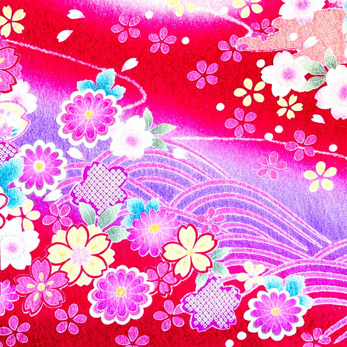 【中古】赤色地に桜や菊花が輝く振袖着物はぎれ