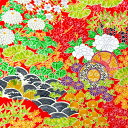 【中古】橙色地にカラフルな花々の着物はぎれ