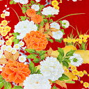 【中古】橙色地に豪華な牡丹や菊花の着物はぎれ