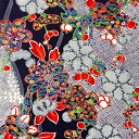 【中古】紺色地に花柄梅花が可愛い着物はぎれ