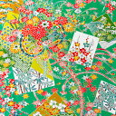 【中古】緑色地にカラフルな花々の着物はぎれ