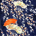 【中古】紺色地に梅花や扇子紋の着物はぎれ