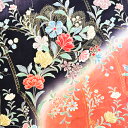 【新入荷】【中古】黒色から渋桃色のまだら染地に花々の金彩振袖着物はぎれ
