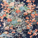 【新入荷】【中古】黒色地に花々が綺麗な金彩ちりめん着物はぎれ