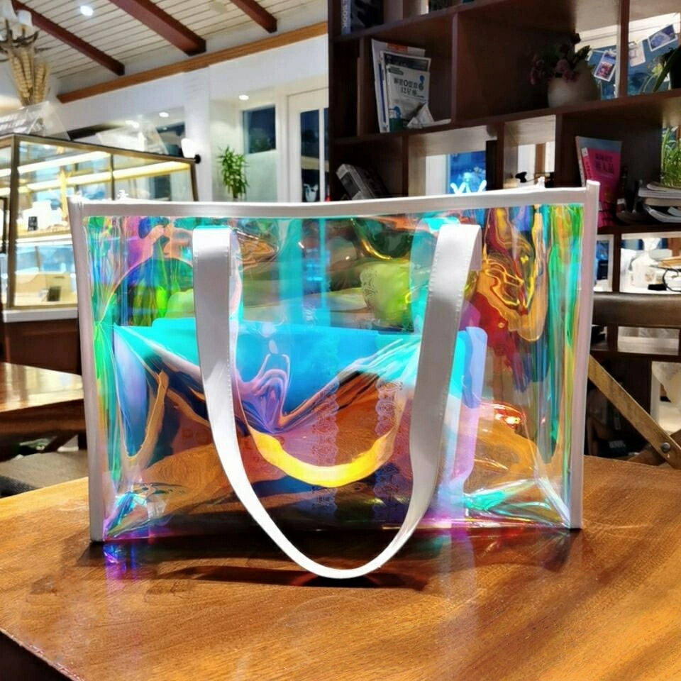 【200円クーポン配布中 送料無料】 ショッピングバッグ クリアバッグ 透明バッグ 厚手 無色 透明 オーロラ 七色 レインボー ホログラム 透明 バッグ PVC ビニール ビーチバッグ ビニールバッグ レディース 防水 透け 無地 シースルー トートバッグ シンプル おしゃれ