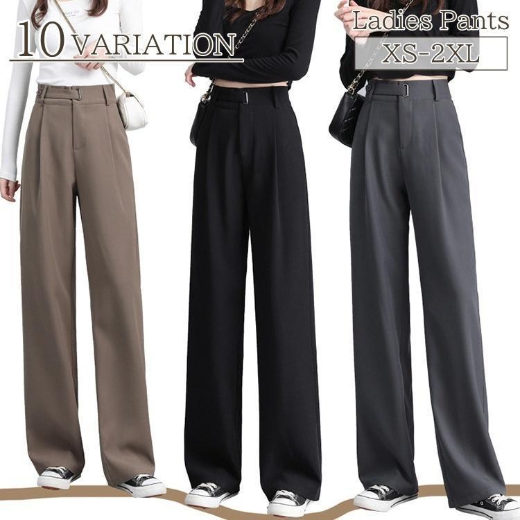 スラックス レディース ボトムス ロングパンツ 大きいサイズあり ウエストゴム ストレート ワイドレッグ ハイウエスト シンプル 無地 きれいめ カジ