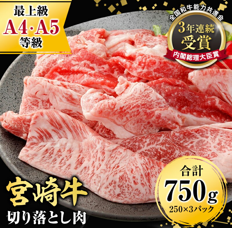 【送料無料】宮崎牛 A4 A5 極上 切り落とし肉 750g 250g 3パック しゃぶしゃぶ すき焼き 焼肉 焼き肉 肉じゃが 和牛 黒毛和牛 霜降り すきやき 最高級 冷凍 お取り寄せ 牛肉