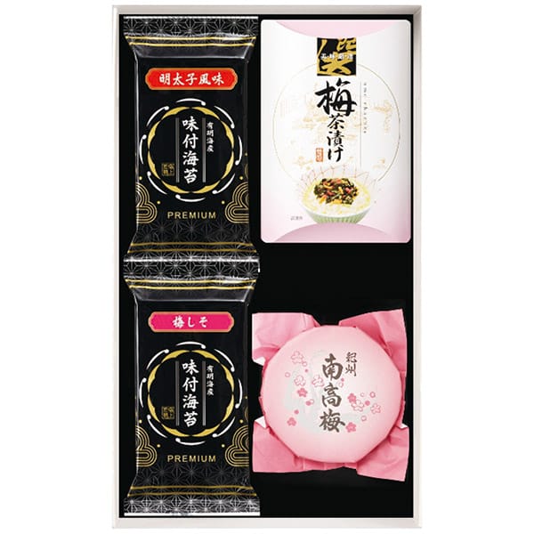 ●商品名/美味逸品 紀州南高梅梅干し・味付海苔・お茶漬けセット YUW-25 (28)●商品内容/有明海産味付のり明太子風味(8切6枚)・有明海産味付のり梅しそ味(8切6枚)×各3個、紀州南高梅梅干し(80g)・梅茶漬け(5g×4袋)×各1個 ●アレルゲン/乳成分・小麦・えび●箱サイズ/約17.2×29.4×8cm●重量/335g●生産国/日本製有明海産の風味豊かな海苔を人気の明太子味とさっぱりした後味の梅しそ味に仕上げた食べきりサイズの味付海苔、紀州南高梅梅干しと梅茶漬けは和の食卓にかかせない食材の詰合わせ。※メーカー都合により、デザイン・内容等が変更になる場合がございます。 ギフトのことならジャパンギフトにおまかせ下さい。様々なギフトシーンに。内祝 内祝い お祝い返し ウエディング ウェディングギフト ブライダルギフト 引き出物 引出物 結婚引き出物 結婚引出物 結婚内祝い 出産内祝い 命名内祝い 入園内祝い 入学内祝い 卒園内祝い 卒業内祝い 就職内祝い 新築内祝い 引越し内祝い 快気内祝い 開店内祝い 二次会 披露宴 お祝い 御祝 結婚式 結婚祝い 出産祝い 初節句 七五三 入園祝い 入学祝い 卒園祝い 卒業祝い 成人式 就職祝い 昇進祝い 新築祝い 上棟祝い 引っ越し祝い 引越し祝い 開店祝い 退職祝い 快気祝い 全快祝い 初老祝い 還暦祝い 古稀祝い 喜寿祝い 傘寿祝い 米寿祝い 卒寿祝い 白寿祝い 長寿祝い 金婚式 銀婚式 ダイヤモンド婚式 結婚記念日 ギフト ギフトセット セット 詰め合わせ 贈答品 お返し お礼 御礼 ごあいさつ ご挨拶 御挨拶 プレゼント お見舞い お見舞御礼 お餞別 引越し 引越しご挨拶 記念日 誕生日 父の日 母の日 敬老の日 記念品 卒業記念品 定年退職記念品 ゴルフコンペ コンペ景品 景品 賞品 粗品 お香典返し 香典返し 志 満中陰志 弔事 会葬御礼 法要 法要引き出物 法要引出物 法事 法事引き出物 法事引出物 忌明け 四十九日 七七日忌明け志 一周忌 三回忌 回忌法要 偲び草 粗供養 初盆 供物 お供え お中元 御中元 お歳暮 御歳暮 お年賀 御年賀 残暑見舞い 年始挨拶 人気 老舗 話題 のし無料 メッセージカード無料 ラッピング無料 大量注文 福袋などギフト以外のご自宅用商品も多数。バレンタインデー バレンタイン ひなまつり ホワイトデー 七夕 ハロウィン 七五三 クリスマスなどのイベント用ギフトも。年代別 10代 20代 30代 40代 50代 60代 70代 80代 90代まで幅広く取り揃え。ご予算別には100円 500円 1000円 1500円 2000円 2500円 3000円 4000円 7000円 5000円 10000円 15000円 30000円など低額から高額品まで。ギフトのことならジャパンギフトにおまかせ下さい。様々なギフトシーンに。 内祝 内祝い お祝い返し ウエディング ウェディングギフト ブライダルギフト 引き出物 引出物 結婚引き出物 結婚引出物 結婚内祝い 出産内祝い 命名内祝い 入園内祝い 入学内祝い 卒園内祝い 卒業内祝い 就職内祝い 新築内祝い 引越し内祝い 快気内祝い 開店内祝い 二次会 披露宴 お祝い 御祝 結婚式 結婚祝い 出産祝い 初節句 七五三 入園祝い 入学祝い 卒園祝い 卒業祝い 成人式 就職祝い 昇進祝い 新築祝い 上棟祝い 引っ越し祝い 引越し祝い 開店祝い 退職祝い 快気祝い 全快祝い 初老祝い 還暦祝い 古稀祝い 喜寿祝い 傘寿祝い 米寿祝い 卒寿祝い 白寿祝い 長寿祝い 金婚式 銀婚式 ダイヤモンド婚式 結婚記念日 ギフト ギフトセット セット 詰め合わせ 贈答品 お返し お礼 御礼 ごあいさつ ご挨拶 御挨拶 プレゼント お見舞い お見舞御礼 お餞別 引越し 引越しご挨拶 記念日 誕生日 父の日 母の日 敬老の日 記念品 卒業記念品 定年退職記念品 ゴルフコンペ コンペ景品 景品 賞品 粗品 お香典返し 香典返し 志 満中陰志 弔事 会葬御礼 法要 法要引き出物 法要引出物 法事 法事引き出物 法事引出物 忌明け 四十九日 七七日忌明け志 一周忌 三回忌 回忌法要 偲び草 粗供養 初盆 供物 お供え お中元 御中元 お歳暮 御歳暮 お年賀 御年賀 残暑見舞い 年始挨拶 人気 老舗 話題 のし無料 メッセージカード無料 ラッピング無料 大量注文 福袋などギフト以外のご自宅用商品も多数。バレンタインデー バレンタイン ひなまつり ホワイトデー 七夕 ハロウィン 七五三 クリスマスなどのイベント用ギフトも。年代別 10代 20代 30代 40代 50代 60代 70代 80代 90代まで幅広く取り揃え。ご予算別には100円 500円 1000円 1500円 2000円 2500円 3000円 4000円 7000円 5000円 10000円 15000円 30000円など低額から高額品まで。送料無料商品も多数！人気 カタログギフト や楽天スーパーSALEの際には半額、50％OFF商品も！