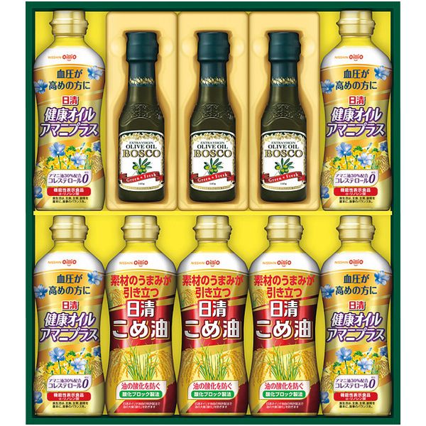 お歳暮 送料無料 調味料 ギフト 油 日清 ヘルシーオイル 健康オイル こめ油 米油 ボスコ オリーブオイル 10本 セット 詰め合わせ 料理 食品 グルメ 食べ物 御歳暮 冬ギフト 2025 贈り物 お返し 挨拶 お礼 会社 ランキング 人気 おすすめ BM-50A