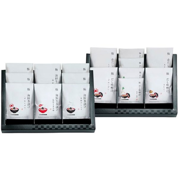 ●商品名/極だし Premium 生茶漬け・だし味噌汁のギフトセット KGP-110MC1●商品内容/海鮮 だし味噌汁 生タイプ ネギ・わかめ具材付き(かに・帆立)×各1、貝 赤だし味噌汁 生タイプ ネギ・わかめ具材付き(あさり・しじみ)×各1、極だしわかめ入り味噌汁 生タイプ(ネギと豆腐×2、キャベツとわかめ・かぼちゃとほうれんそう×各1)、海鮮生茶漬け 極・根昆布だし わかめ・白ゴマ・きざみ海苔付き(塩挽き国産金目鯛・北海道産 焼き新巻鮭)×各1、海鮮茶漬け 昆布だし(かに・帆立・明太子×各1、釜揚げしらす×2)、昆布だし梅茶漬け(特選 紀州南高梅)×1●賞味期限/製造より180日●箱サイズ/約23.5×33.5×9cm●アレルゲン/小麦・かに●重量/940g●生産国/日本豊富な味を楽しめるプレミアムなギフト お茶漬け ・ 味噌汁の詰合せ 素材にこだわった贅沢生茶漬け 感動を伝えたい—ニッポンの心"お茶漬け、お味噌汁"。この国民食を通して感動をお伝えしたい…ご贈答用に、素材にこだわった匠菴謹製「生味噌汁」と「生茶漬け」で食卓に満点の彩りを添えることができますように…お子様からご年配の方まで、また、健康に関心のある方にもおすすめです。 ◆出汁 北海道の帆立干し貝柱、焼津産本枯れ鰹節、枕崎産鰹荒節など、厳選した国産7種の素材を黄金比でブレンドしたこだわりの出汁を使用。 ◆お茶漬け 贅沢な海の幸をはじめ、厳選された素材の旨味を、風味豊かなこだわりのだしが引き出す味わい深いご馳走茶漬けです。 うるめ鰯節・帆立貝柱・枯れ鯖節・本枯れ鰹節・昆布・鰹荒節・香信椎茸使用 ◇塩挽き金目鯛海鮮生茶漬け ◇焼き新巻鮭海鮮生茶漬け ◇かに海鮮茶漬け ◇帆立海鮮茶漬け ◇明太子海鮮茶漬け ◇釜揚げしらす海鮮茶漬け ◇梅茶漬け 風味豊かな生味噌汁 国産7種の素材を絶妙にブレンドしたこだわりの極だし使用 [極だし味噌・極赤だし味噌] 厳選された国産素材から、旨味成分をじゅうぶんに抽出し、それぞれの味を活かした極だしを、合わせ味噌、赤味噌と合わせました。お味噌汁の具材の味を引き立てる組み合わせで心に染みる1杯に仕上げました。 ◆野菜味噌汁 味噌汁の王道、ねぎ&豆腐の組み合わせ、目にも鮮やかなかぼちゃとほうれん草など野菜の旨みを閉じ込めました。 具材たっぷり贅沢な味噌汁 [海鮮味噌汁] 厳しい北の海で獲れた蟹や帆立などの高級食材を鮮度、旨味を逃さずフリーズドライ。お口の中に磯の香りや潮の風味が広がります。 ◆はまぐりの赤だし味噌汁 はまぐりの、濃い甘みと上品な味わい、滋味深い味がお口に広がります。 ◆帆立海鮮だし味噌汁 肉厚で甘い最上級の帆立の甘みと、上品な出汁のハーモニーが心も体も温めます。 ◆しじみの赤だし味噌汁 健康効果が注目される、しじみの濃厚エキスを閉じ込めました。 ◆かに海鮮だし味噌汁 厳しい北の海で獲れたズワイガニをたっぷり使用した贅沢仕上げ。 ◆あさりの赤だし味噌汁 お味噌汁の定番である、あさりの旨みをぎゅっと閉じ込めました。※メーカー都合により、デザイン・内容等が変更になる場合がございます。 ギフトのことならジャパンギフトにおまかせ下さい。様々なギフトシーンに。内祝 内祝い お祝い返し ウエディング ウェディングギフト ブライダルギフト 引き出物 引出物 結婚引き出物 結婚引出物 結婚内祝い 出産内祝い 命名内祝い 入園内祝い 入学内祝い 卒園内祝い 卒業内祝い 就職内祝い 新築内祝い 引越し内祝い 快気内祝い 開店内祝い 二次会 披露宴 お祝い 御祝 結婚式 結婚祝い 出産祝い 初節句 七五三 入園祝い 入学祝い 卒園祝い 卒業祝い 成人式 就職祝い 昇進祝い 新築祝い 上棟祝い 引っ越し祝い 引越し祝い 開店祝い 退職祝い 快気祝い 全快祝い 初老祝い 還暦祝い 古稀祝い 喜寿祝い 傘寿祝い 米寿祝い 卒寿祝い 白寿祝い 長寿祝い 金婚式 銀婚式 ダイヤモンド婚式 結婚記念日 ギフト ギフトセット セット 詰め合わせ 贈答品 お返し お礼 御礼 ごあいさつ ご挨拶 御挨拶 プレゼント お見舞い お見舞御礼 お餞別 引越し 引越しご挨拶 記念日 誕生日 父の日 母の日 敬老の日 記念品 卒業記念品 定年退職記念品 ゴルフコンペ コンペ景品 景品 賞品 粗品 お香典返し 香典返し 志 満中陰志 弔事 会葬御礼 法要 法要引き出物 法要引出物 法事 法事引き出物 法事引出物 忌明け 四十九日 七七日忌明け志 一周忌 三回忌 回忌法要 偲び草 粗供養 初盆 供物 お供え お中元 御中元 お歳暮 御歳暮 お年賀 御年賀 残暑見舞い 年始挨拶 人気 老舗 話題 のし無料 メッセージカード無料 ラッピング無料 大量注文 福袋などギフト以外のご自宅用商品も多数。バレンタインデー バレンタイン ひなまつり ホワイトデー 七夕 ハロウィン 七五三 クリスマスなどのイベント用ギフトも。年代別 10代 20代 30代 40代 50代 60代 70代 80代 90代まで幅広く取り揃え。ご予算別には100円 500円 1000円 1500円 2000円 2500円 3000円 4000円 7000円 5000円 10000円 15000円 30000円など低額から高額品まで。メーカー希望小売価格はメーカーカタログに基づいて掲載しています