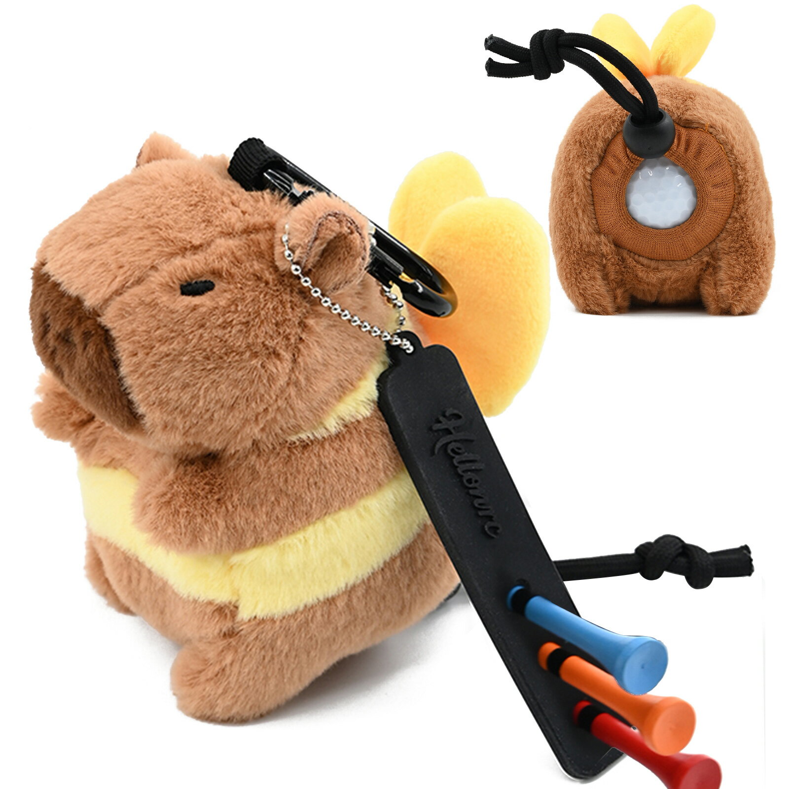 ――――――――――――――――――― ころんと可愛い、頼れるゴルフのおとも。 ラウンド中、「あ、ボールどこだっけ？」なんて慌てたことはありませんか？ そんな時にさっと取り出せる、ぬいぐるみタイプのゴルフボールホルダーです。 見た目はふわふわ可愛いマスコット。 でも実は―― ゴルフボール2個＆ティー3本をしっかり収納できる優れもの。 ■ 収納力について ゴルフボール【2個収納可能】 背面ポケットにしっかりフィット。落ちにくい安心設計です。 ゴルフティー【3本収納可能】 専用ホルダー付きで、必要なときにサッと抜き差しできます。 ■ 使いやすさのポイント ・カラビナ付きでベルトループやバッグに簡単装着 ・軽量設計でプレーの邪魔にならない ・ふわふわ素材で見た目も手触りも◎ ・コンペ景品やギフトにもおすすめ ■ こんな方におすすめ ・ゴルフ小物も“かわいさ”にこだわりたい方 ・ラウンド中のボール管理をスマートにしたい方 ・ちょっとしたプレゼントを探している方 ・ゴルフ仲間と差をつけたい方 ■ 商品仕様 ・収納数：ボール2個／ティー3本 ・装着方法：カラビナ付き ・素材：ポリエステル、ゴム ・サイズ：約12.5cm×11cm×9cm ※実寸値につき多少の誤差があります ※モニター環境により色味が異なる場合がございます。 ゴルフは真剣勝負。でも、小物はちょっと遊び心を。 あなたのラウンドに、ほっこり癒しをプラスしてみませんか？――――――――――――――――――― ころんと可愛い、頼れるゴルフのおとも。 ラウンド中、「あ、ボールどこだっけ？」なんて慌てたことはありませんか？ そんな時にさっと取り出せる、ぬいぐるみタイプのゴルフボールホルダーです。 見た目はふわふわ可愛いマスコット。 でも実は―― ゴルフボール2個＆ティー3本をしっかり収納できる優れもの。 ■ 収納力について ゴルフボール【2個収納可能】 背面ポケットにしっかりフィット。落ちにくい安心設計です。 ゴルフティー【3本収納可能】 専用ホルダー付きで、必要なときにサッと抜き差しできます。 ■ 使いやすさのポイント ・カラビナ付きでベルトループやバッグに簡単装着 ・軽量設計でプレーの邪魔にならない ・ふわふわ素材で見た目も手触りも◎ ・コンペ景品やギフトにもおすすめ ■ こんな方におすすめ ・ゴルフ小物も“かわいさ”にこだわりたい方 ・ラウンド中のボール管理をスマートにしたい方 ・ちょっとしたプレゼントを探している方 ・ゴルフ仲間と差をつけたい方 ■ 商品仕様 ・収納数：ボール2個／ティー3本 ・装着方法：カラビナ付き ・素材：ポリエステル、ゴム ・サイズ：約12.5cm×11cm×9cm ※実寸値につき多少の誤差があります ※モニター環境により色味が異なる場合がございます。 ゴルフは真剣勝負。でも、小物はちょっと遊び心を。 あなたのラウンドに、ほっこり癒しをプラスしてみませんか？