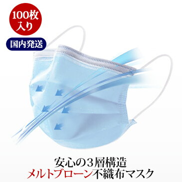 【100枚入り4月下旬より順次国内発送送料無料】安心の3層構造メルトブローン不織布マスク 通気性 3層構造 不織布 花粉対策 ウイルス飛沫 男女兼用 レギュラーサイズ 使い捨て【HLS_DU】【コンビニ受取対応商品】【ロッカー受取対応商品】