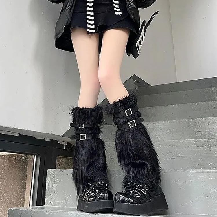 ふわふわ 可愛い ルーズソックス モコモコ ファー レッグウォーマー モフモフ ベルト付き 地雷系 ギャル 女子 暖かい 靴下 Y2K 渋谷 原宿 ギャル 地雷系 サブカル ゴシック系 レディース 制服 学生 レッグウォーマー 白 黒 2