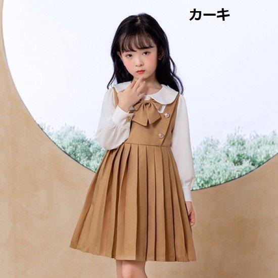 樂天商城 - 取寄卒園式 子供服 ワンピース 女の子 ガールズ キッズ 入園式 入学式 卒業式 お呼ばれ プリーツスカート 長袖 リボン 襟あり 可愛い フォーマル 膝丈スカート 制服 ボタン ハイウエスト ワンピース