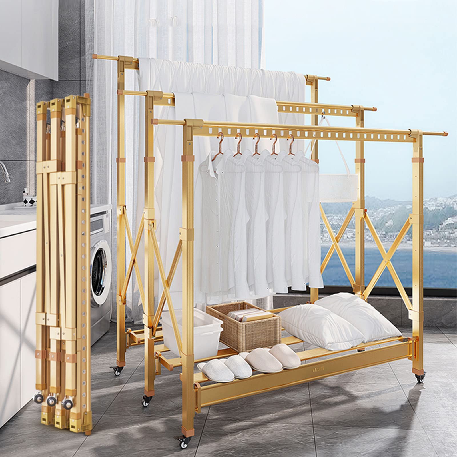 ふとんほし 屋外 倒れない アルミ 伸縮式 折りたたみ 高さ調整 おしゃれ 物干し台 室内物干し 風に強い 錆びない 物干し竿 布団干し 物干しラック 洗濯物干し キャスター付 家庭用 業務用 布団収納 床乾燥ラック 組み立て不要 3層長さ147cm~242cm