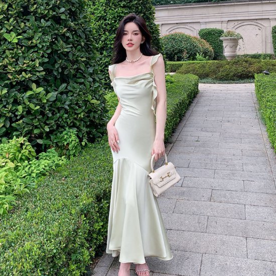 Rakuten - 取寄パーティードレス レディース 結婚式ドレス ロングドレス 演奏会ドレス ワンピース シンプル 無地 ノースリーブ ハイウエスト フリル マーメイドシルエット きれいめ エレガント お呼ばれ フォーマル